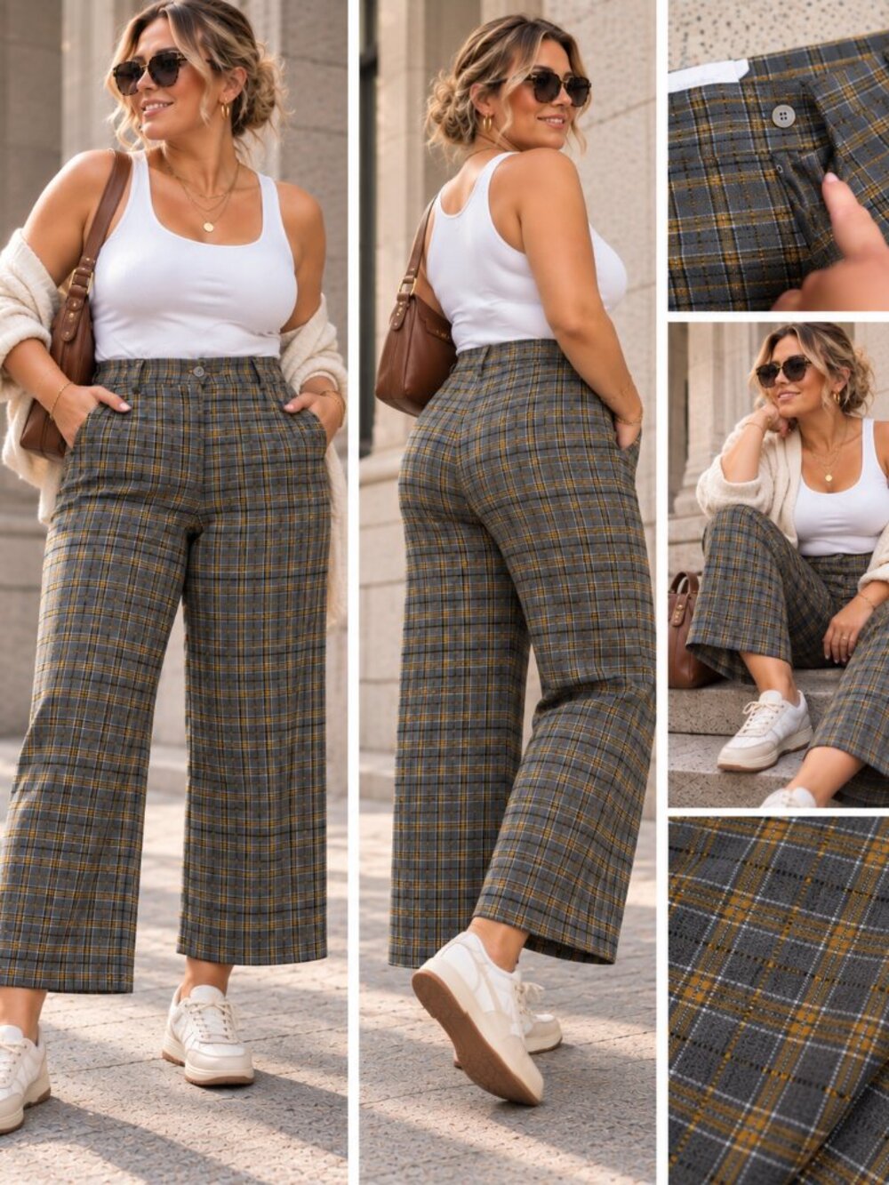 755 - Urban Outfitters Women’s Plaid Cropped Wide Leg Pants Grey Mustard 34
